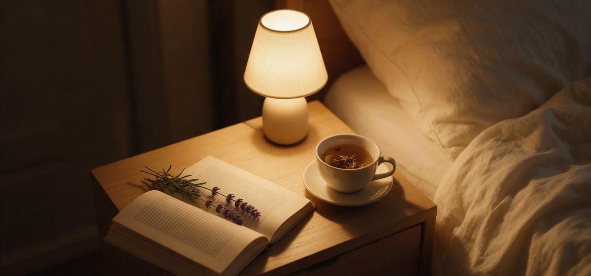 Mesilla de noche con una lámpara encendida, un libro abierto y una taza de infusión.