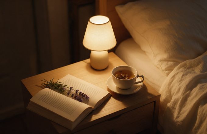 Mesilla de noche con una lámpara encendida, un libro abierto y una taza de infusión.