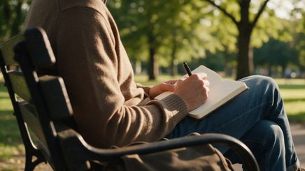 Una persona escribe en una libreta sentada en un banco del parque.