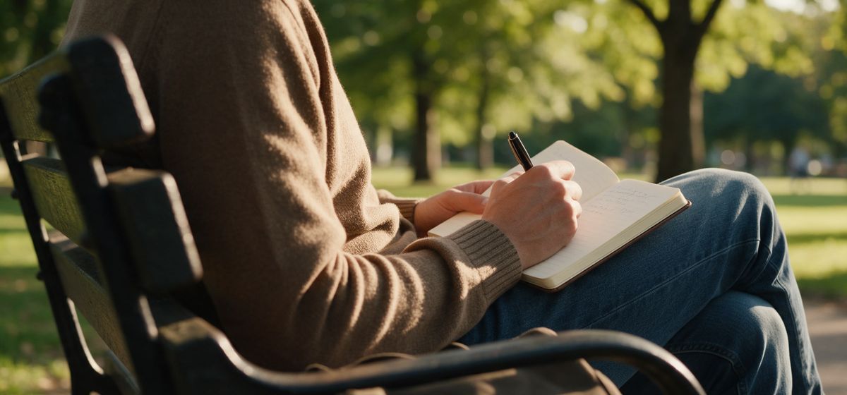 Una persona escribe en una libreta sentada en un banco del parque.