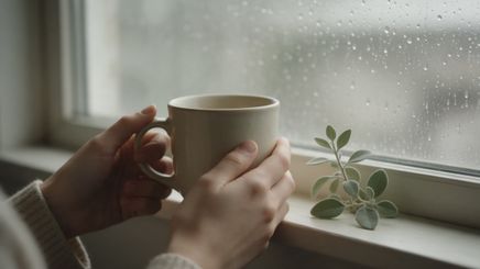 Unas manos sostienen una taza junto a una ventana con gotas de lluvia.