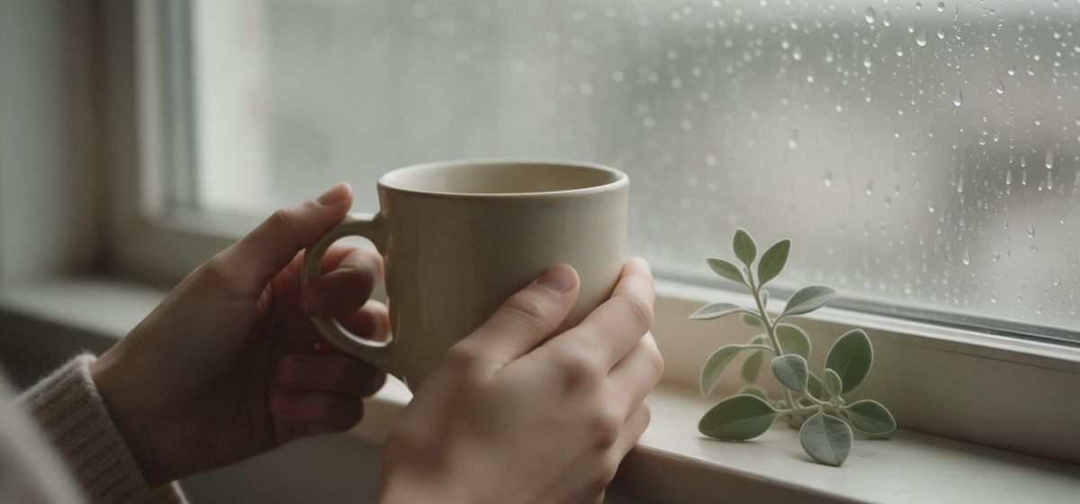 Unas manos sostienen una taza junto a una ventana con gotas de lluvia.