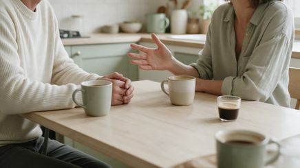 Dos personas conversan en una mesa con tazas de café.
