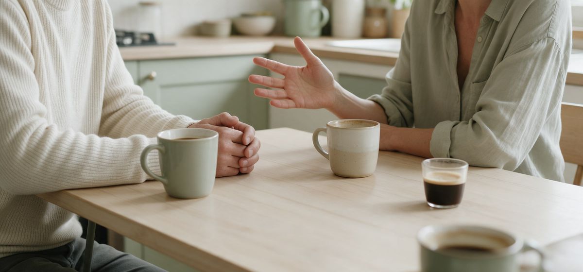 Dos personas conversan en una mesa con tazas de café.