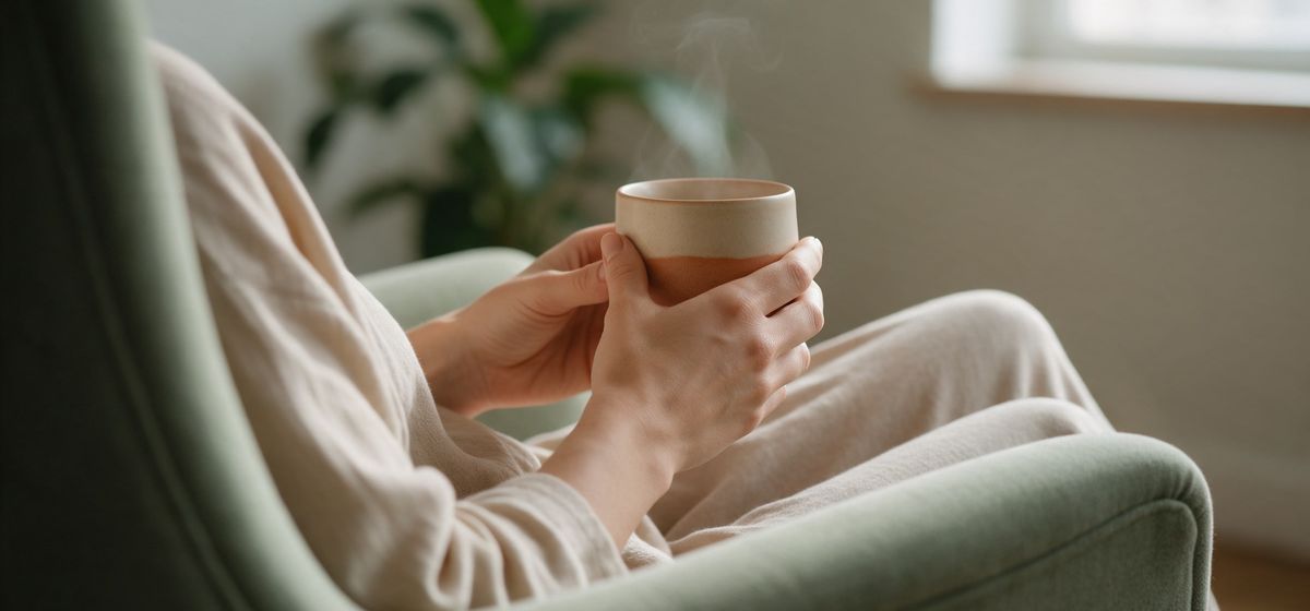 Una persona sentada en un sillón sostiene una taza entre las manos.