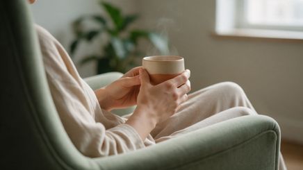 Una persona sentada en un sillón sostiene una taza entre las manos.
