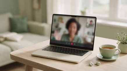 Un portátil sobre una mesa muestra una videollamada con una psicóloga.