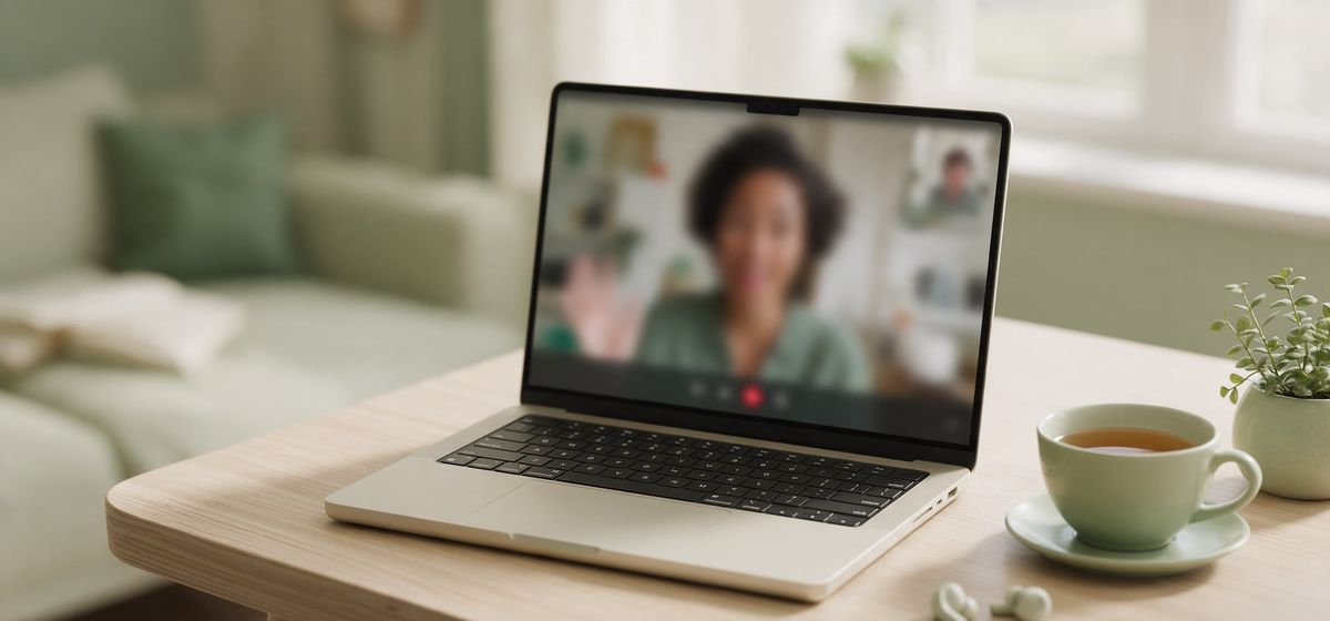 Un portátil sobre una mesa muestra una videollamada con una psicóloga.