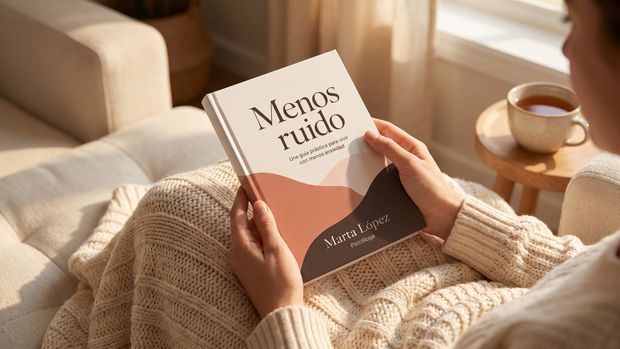 Unas manos sostienen el libro abierto en el sofá, con una manta y una taza.