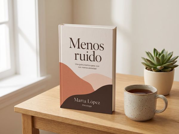 El libro «Menos ruido» sobre una mesa de madera junto a una taza y una planta.