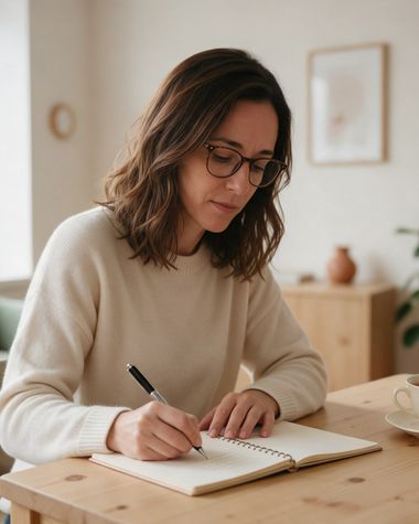 Marta toma notas en su cuaderno antes de una sesión.