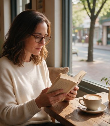 Marta lee una novela en una cafetería.