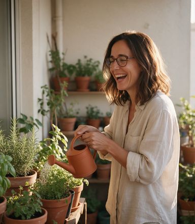Marta riega las plantas de su balcón.